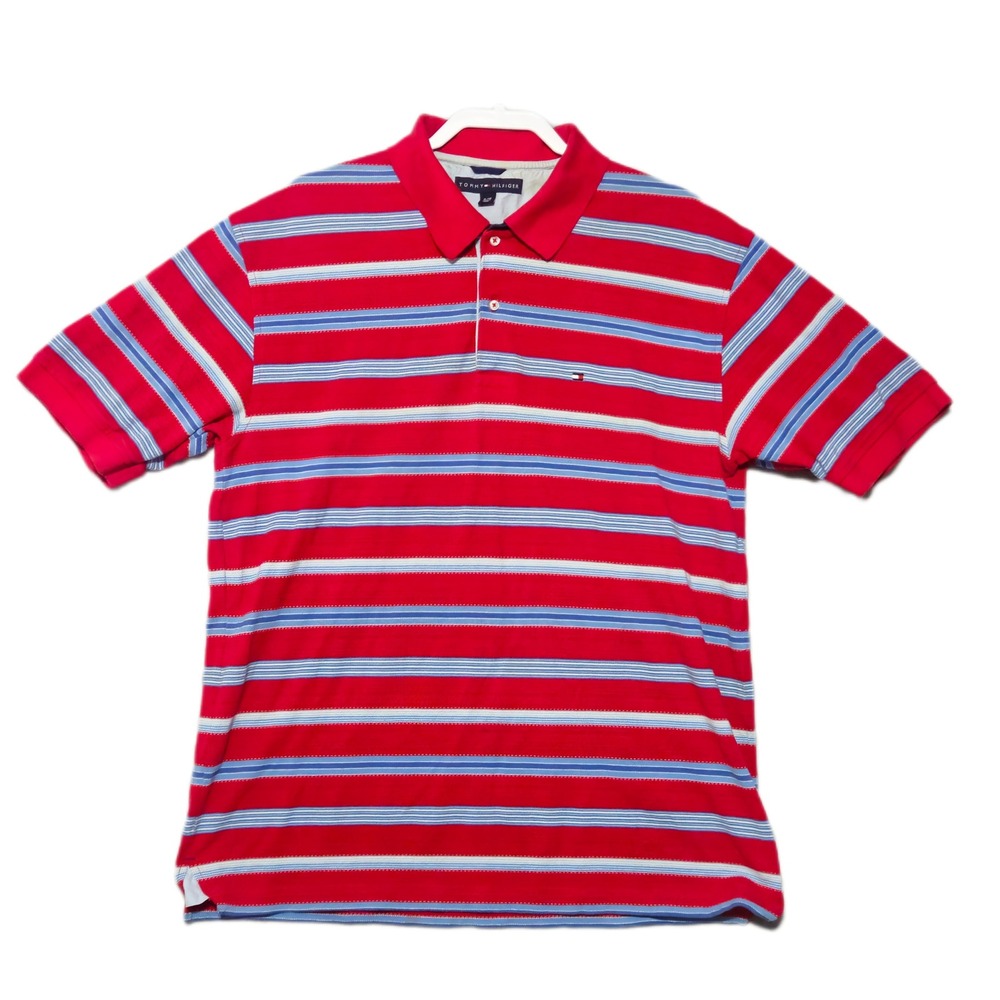 Tommy Hilfiger Polo Shirt Mens XL Red Striped Short Sleeve Cotton Pique